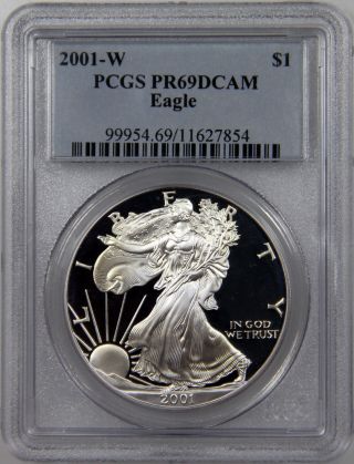 2001 W Silver Eagle 1 Ozt.  999 Silver Coin Pcgs Pr69 Dcam Proof photo