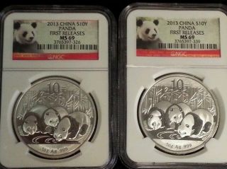 Three 2013 1 Oz Silver Chinese Pandas Ms - 69 Ngc First Releases photo