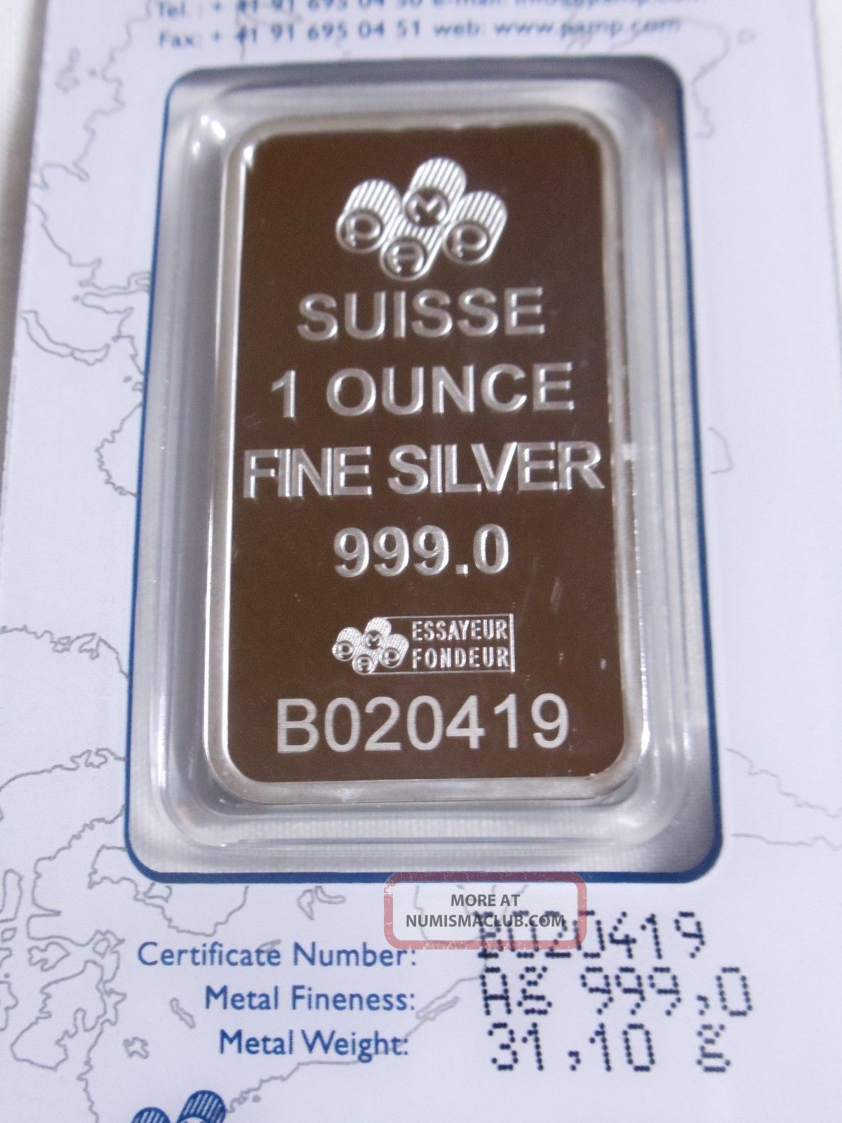 1 Oz Pamp Suisse Silver Bar (w/ Assay) 999. 0 Pure Silver