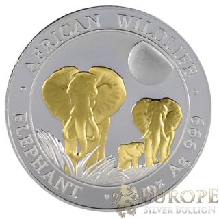 2014 1 Oz Silver Coin 24k Gold Gild Somalia Elephant Proof Like.  999 Pure Rare photo