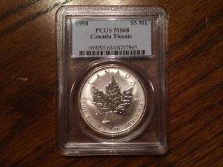 1998 1 Oz Silver Canadian Maple Leaf Coin Titanic Privy Pcgs Ms68 photo