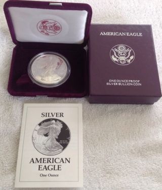 1993 P American Eagle Proof $1 One Dollar 1 Oz Fine Silver Coin W/ Box & photo