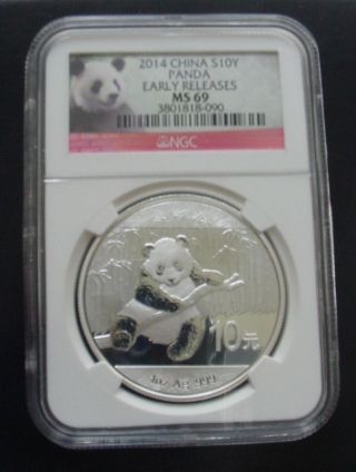 2014 China Panda S10y Early Releases Ngc Ms69 1 Oz.  999 Silver Coin photo