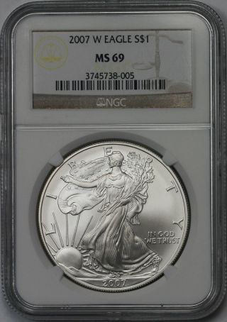 2007 - W Burnished Silver Eagle Dollar $1 Ms 69 Ngc 1 Oz Silver photo