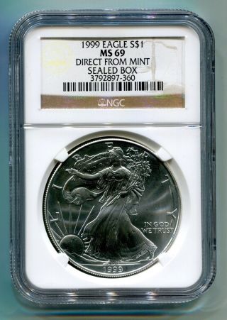 1999 American Silver Eagle Ngc Ms69 Brown/gold Direct From Box Label photo