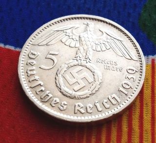 Extra Rare 1939 J Ww2 5 Mark 90% Silver German Third Reichsmark Coin photo