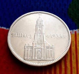 327,  000 Minted 1934 J Ww2 5 Mark 90% Silver German Garrisonkirche 3rd Reich Coin photo