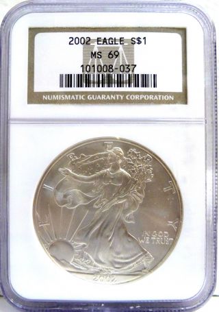 United States Silver Dollar,  2002 Bullion Silver Eagle Ngc Certified Ms 69 photo
