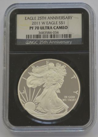 2011 - W American Silver Eagle 25th Anniv.  Ngc Graded Pf70 Ultra Cameo - Black photo