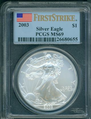 2003 American Silver Eagle Ase S$1 Pcgs Ms69 First Strike Fs photo