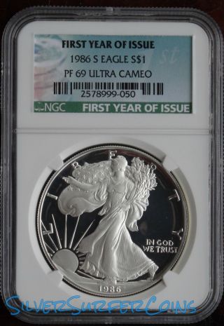 1986 - S Silver Eagle First Year Of Issue Label Ngc Pf 69 Ultra Cameo Great Coin photo