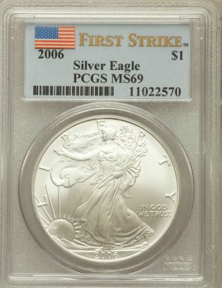 2006 American Eagle Silver Dollar Ms69 First Strike Pcgs Cert Flag Label photo