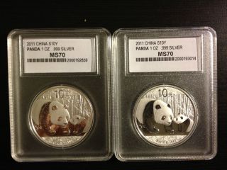2 X 2011 China 1 Troy Oz.  999 Fine Silver Panda 10 Yuan Face Value Gem photo
