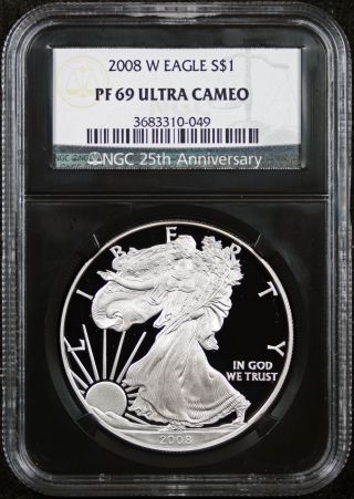 2008 - W Silver Eagle Pf 69 Ultra Cameo $1 Ngc Black Retro Slab 25th Anniversary photo