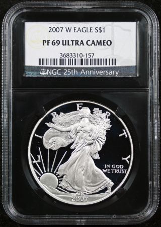 2007 - W Silver Eagle Pf 69 Ultra Cameo $1 Ngc Black Retro Slab 25th Anniversary photo
