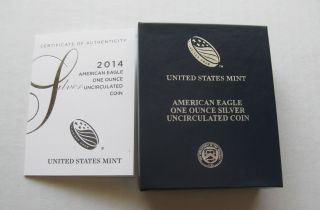2014 W American Eagle Uncirculated Silver Coin In U.  S.  Ogp,  Box & Es2 photo