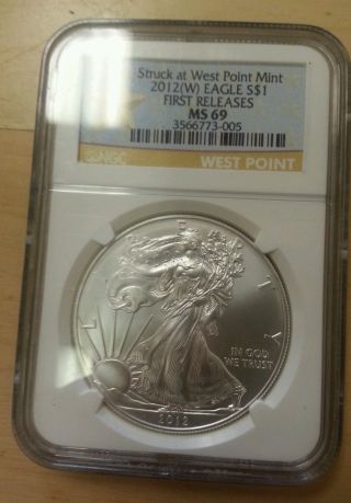 2012 (s) Silver American Eagle (ngc Ms - 69) (first Release) photo
