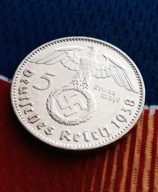Extra Rare 1938 J Ww2 5 Mark 90% Silver German Third Reichsmark Coin photo