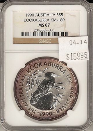 1990 Australia Kookaburra Km - 189 1 Oz.  999 Fine S$1 Ms 67 Ngc Certified photo