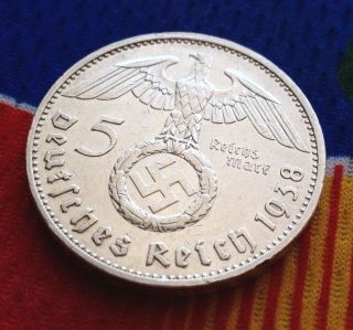 425,  000 Minted 1938 E Ww2 5 Mark 90% Silver German Third Reichsmark Coin photo