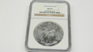 1993 American Silver Eagle Ms 69 Ngc 1oz.  999 Fine Silver Low Mintage Ase Ag - 57 photo