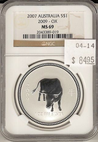 2007 Australia Ox 1 Oz.  999 Fine S$1 Ms 69 Ngc Certified photo
