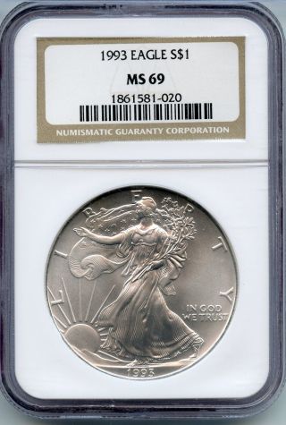1993 Ngc Ms 69 American Eagle.  999 Silver Dollar $1 Coin - 1 Oz Troy - S1s Kl781 photo