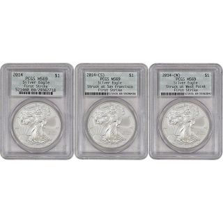 3 - Pc.  2014 American Silver Eagle - Pcgs Ms69 - First Strike - Doily Label photo
