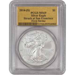 2014 - (s) American Silver Eagle - Pcgs Ms69 - First Strike - Gold Foil Label photo