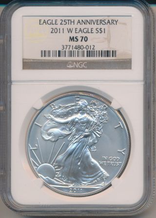 2011 - W 25th Anniversary American Silver Eagle (burnished) Ms - 70 Ngc photo
