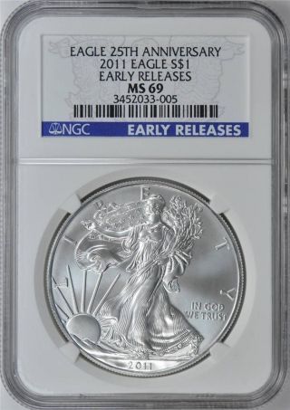 2011 $1 25th Anniversary Silver Eagle Early Releases Ngc Graded Ms - 69 photo