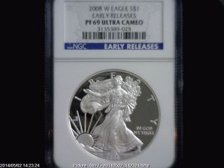 2008 W Eagle S$1 Ngc Pf 69 Ultra Cameo Early Releases 1oz American Silver Coin photo