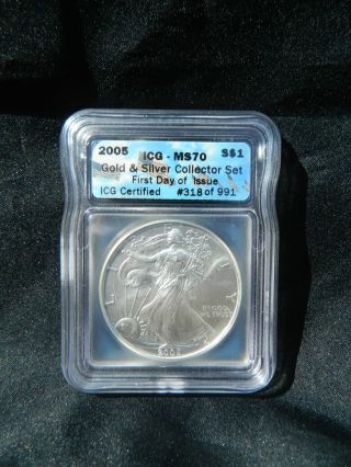 2005 Silver Eagle Icg Ms70 First Day Issue 476 photo