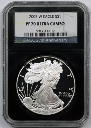 2005 - W Silver Eagle Proof Pf 70 Ultra Cameo $1 Ngc Black Retro Slab photo
