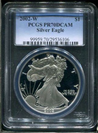 2002 - W $1 Proof American Silver Eagle Pcgs Pr - 70dcam Pcgs No Spots photo