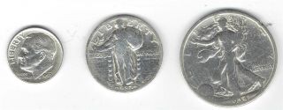 90% Silver U.  S.  Currency.  Liberty 1/2,  Standing Liberty.  25,  And Rosy Dime photo