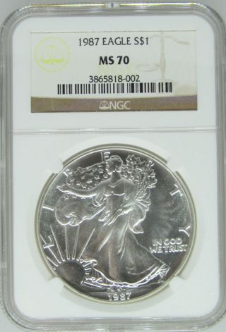 1987 $1 Ngc Ms 70 American Silver Eagle,  Rare Flawless One Ounce,  Oz.  Dollar 002 photo