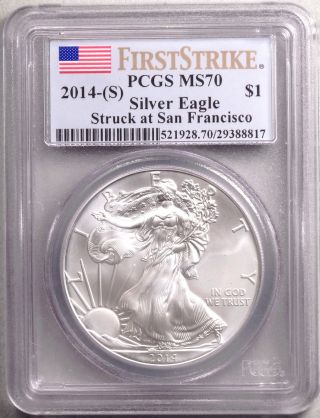 2014 - (s) Silver Eagle Pcgs Ms70 First Strike,  Struck At San Francisco photo
