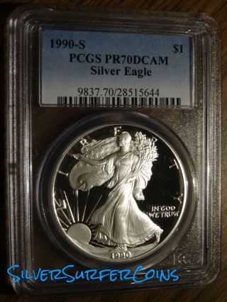 1990 S $1 American Silver Eagle Pcgs Pr70 Dcam Rare photo