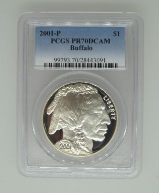 2001 P Pcgs Pr70 Dcam Buffalo Proof - Modern Commemorative Silver Dollar Rare $1 photo