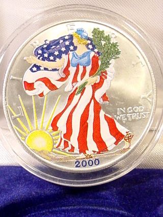 2000 Painted Walking Liberty American Eagle One Dollar Coin.  999 Fine Silver photo