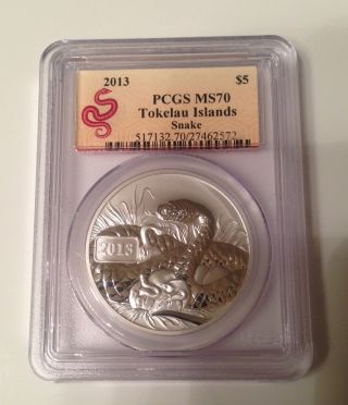 2013 Pcgs Ms - 70 Tokelau Islands Snake Perfect 70 Rare Five Dollar 1 Oz Silver $$ photo