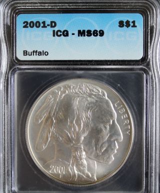 2001 - D $1 American Buffalo Commemorative Icg Ms69 90% Silver Design photo