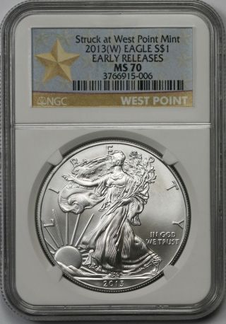 2013 - (w) Silver Eagle $1 Ms 70 Ngc E/r Struck At West Point Star Label photo