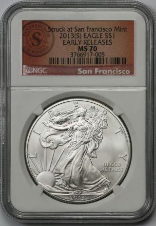 2013 - (s) Silver Eagle $1 Ms 70 Ngc E/r Struck At San Francisco Seal Label photo