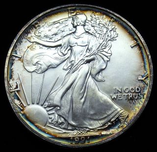 1991 Silver Eagle Dollar 1 Oz Of.  999 Fine Silver Gorgeous Rainbow Rim B330 photo