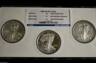 2008 - W Silver Eagles W/reverse Of 2007 Ngc Ms/pf 69 Early Releases Error photo