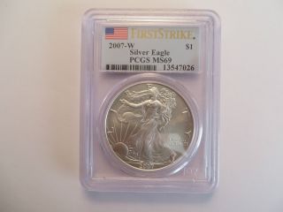 2007 W 1 Oz Silver American Eagle,  Uncirculated,  Pcgs Ms 69,  First Strike photo