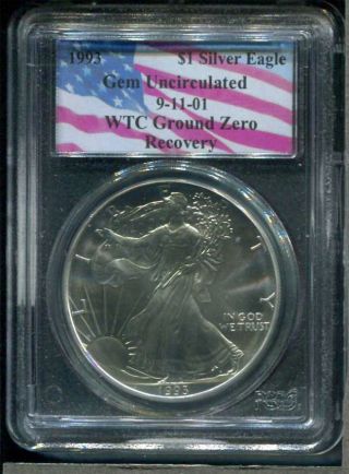 1993 Gem Uncirculated Silver Eagle Wtc Ground Zero Recovery Pcgs Flag Label photo