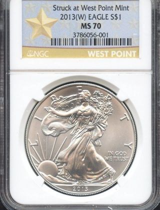 2013 (w) Silver Eagle Struck At West Point Ngc Ms70 W.  P.  Label photo